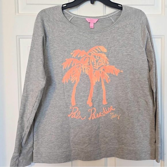 Lilly Pulitzer Palm Tree Sweatshirt Size Small Gray Lightweight Neon Palms EUC - Picture 1 of 5